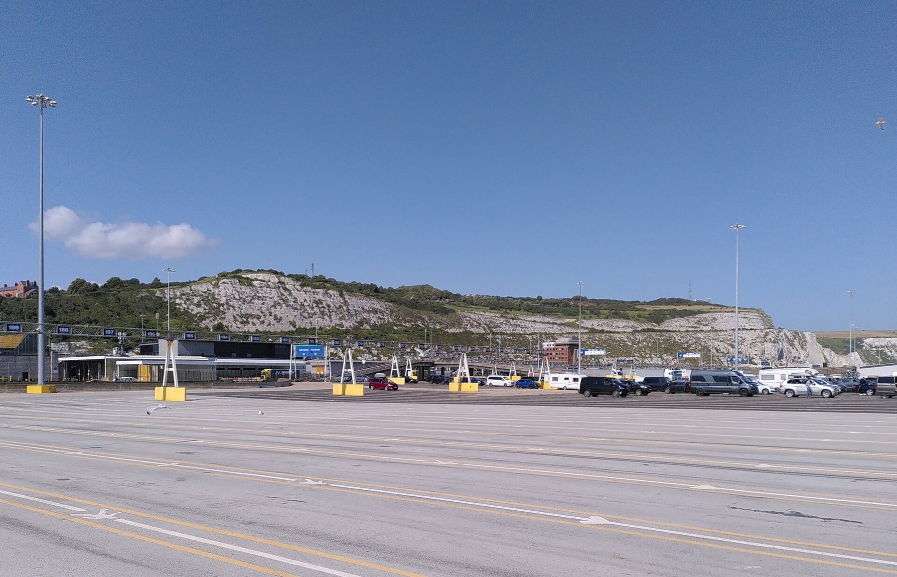 Dover ferry terminal with the White Cliffs behind